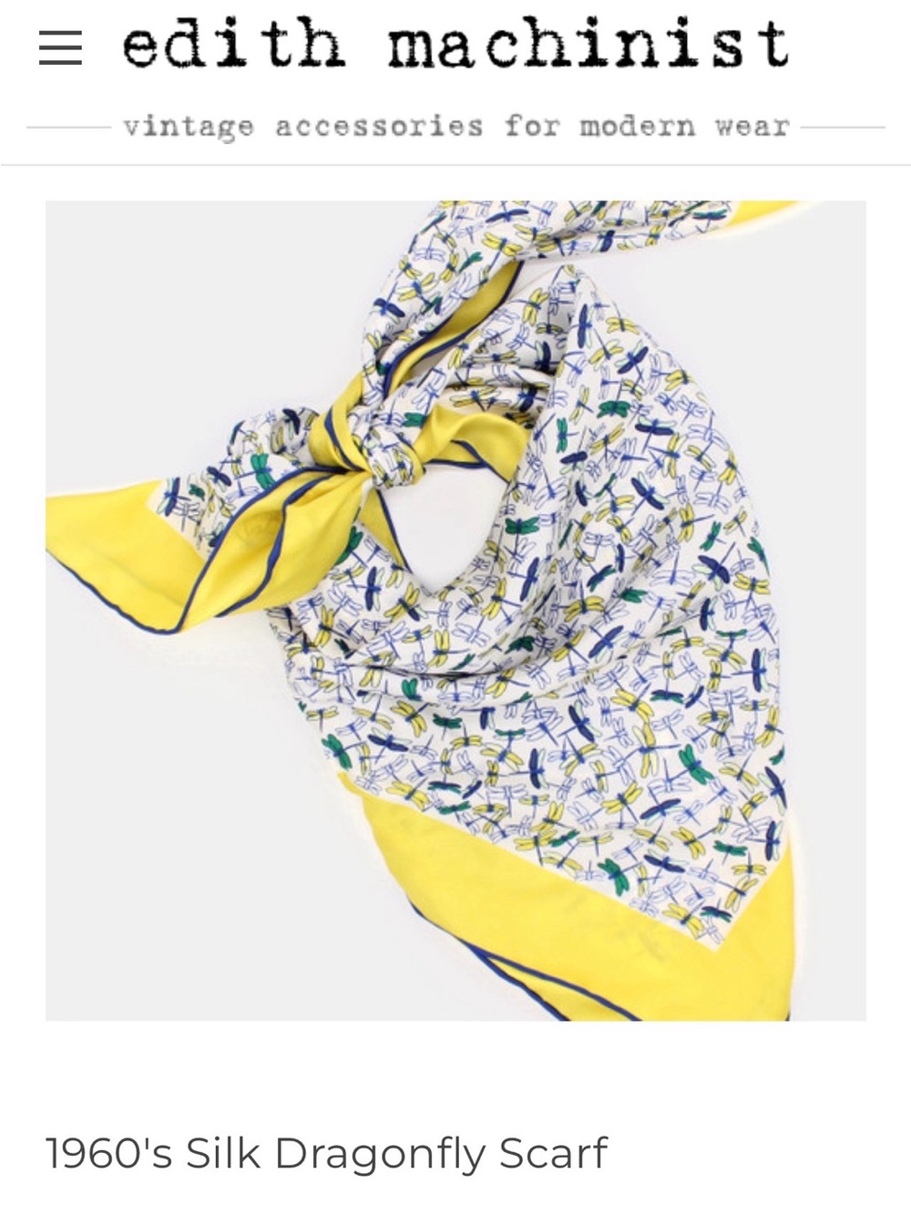 Edith Machinist Dragonfly Print Yellow Scarf